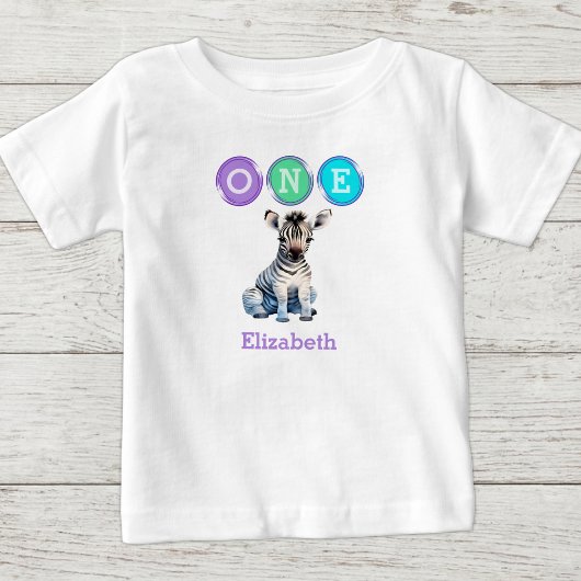 ゼブラ1stバースデーワン名前パープル ベビーTシャツ