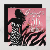 ゼブラ56回目の驚きの誕生日パーティーピンク 招待状 (正面/裏面)