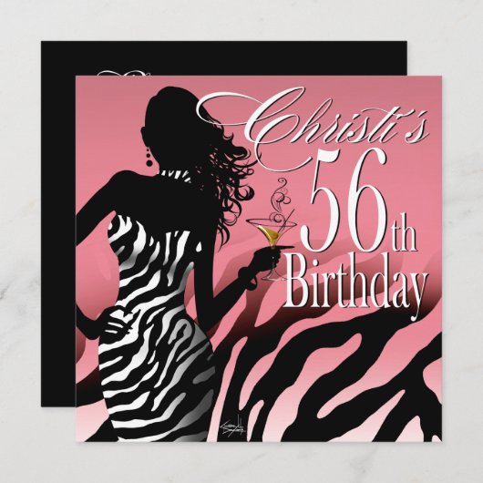 ゼブラ56回目の驚きの誕生日パーティーピンク 招待状 (正面/裏面)
