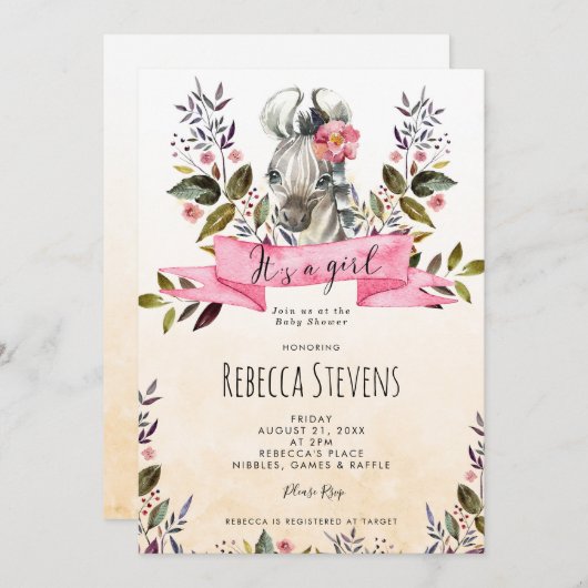 ゼブラ·キュブ·フローラ·ガール·ベビー·シャワーの招待 招待状 (正面/裏面)