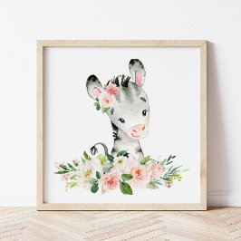 ゼブラ，サファリ，ジャングル，ピンクの花，女の子の子供部屋 フォトプリント           