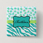 ゼブラ&チータネームバッジティール(緑がかった色)ライムグリーンホワイト 缶バッジ (正面)