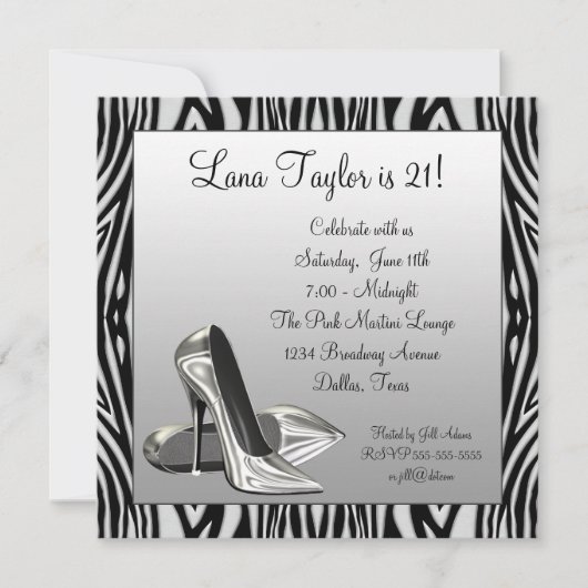 ゼブラ ハイヒール 女性 誕生日パーティー 招待状 (正面)