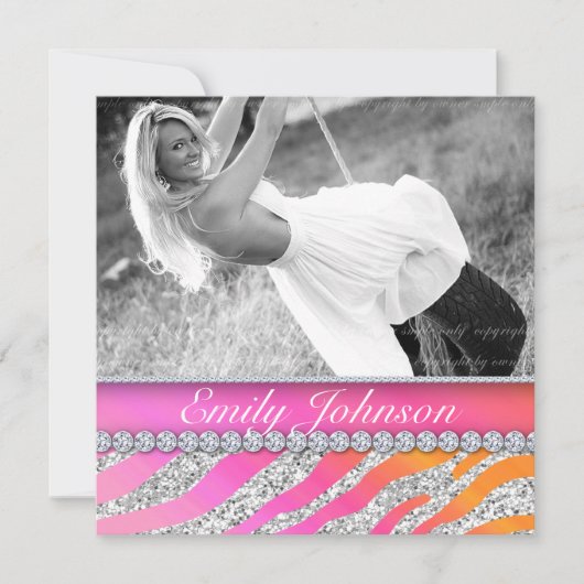 ゼブラ バースデー パーティー ピンク オレンジ ジュエリー 招待状 (正面)