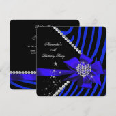 ゼブラ ブルー ハート ジュエル 宝石 ブラック バースデー パーティー 招待状 (正面/裏面)
