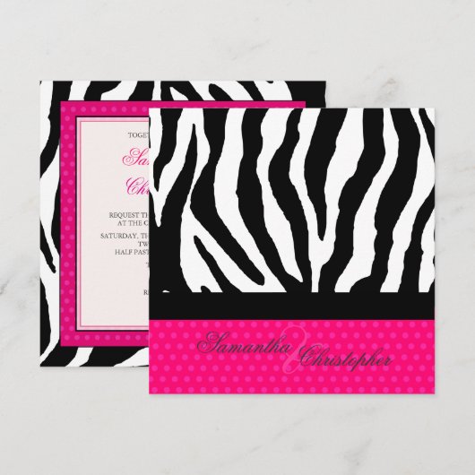 ゼブラ+ホットピンクの水玉模様 DIY カラー 招待状 (正面/裏面)