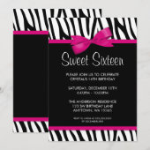 ゼブラ·ホット·ピンク·プリント·ボウ·スイート16バースデー·パーティ 招待状 (正面/裏面)