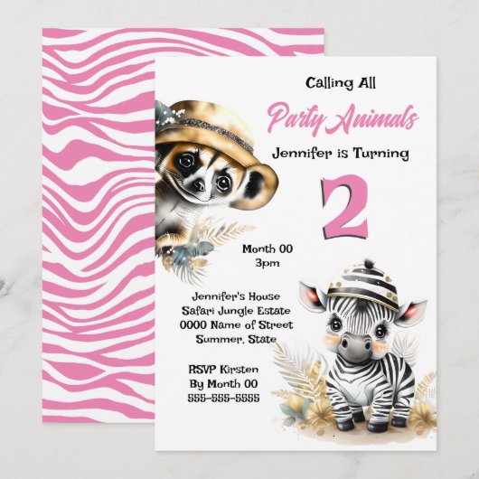 ゼブラ ミーアカット ジャングル サファリ ワイルド アニマル ピンク ガール 招待状 (正面/裏面)