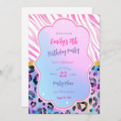 ゼブラ レオパード 誕生日 招待状 ネオン ピンク パープル (正面/裏面)