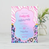 ゼブラ レオパード 誕生日 招待 ネオン ピンク パープル 招待状 (スタンド正面)