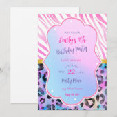 ゼブラ レオパード 誕生日 招待 ネオン ピンク パープル 招待状 (正面/裏面)