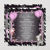 ゼブラ&魔法ワンドピンクプリンセスベビーシャワー 招待状 (正面/裏面)