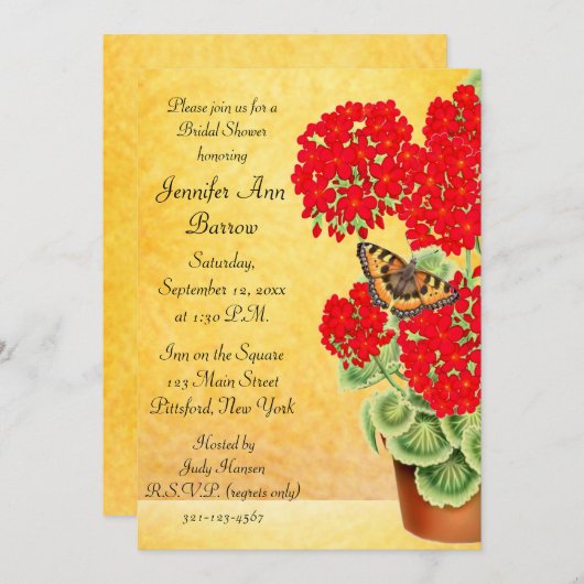 ゼラニウムの蝶によってはブライダルシャワーの招待が開花します 招待状 (正面/裏面)