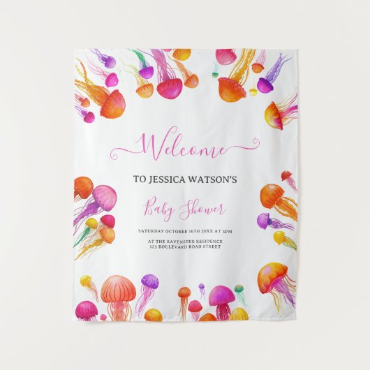 ゼリーフィッシュ ピンク イエロー グラデーション パステル ベイビー シャワー タペストリー (正面)
