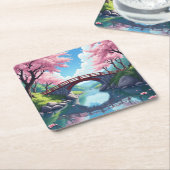 ゼンガーデンブリッジさくらんぼブロッサムリフレクション スクエアペーパーコースター (アングル)