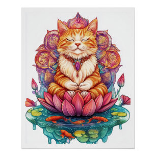 ゼンキャットビブラ　瞑想する猫のサイケデリックアート ポスター