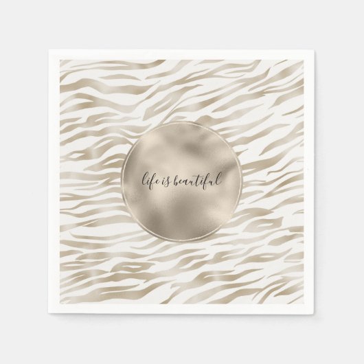 ゼンクリームホワイトココアブラウンゼブラプリント スタンダードカクテルナプキン (正面)