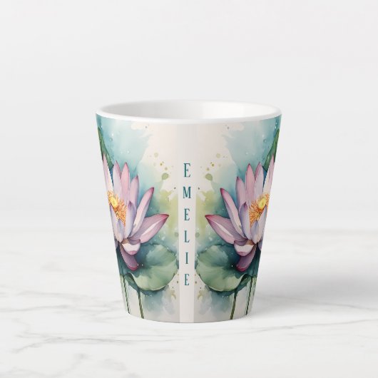 ゼンビーブウォーターカラーピンクロータスフラワーラテマグ カフェラテマグ (正面)