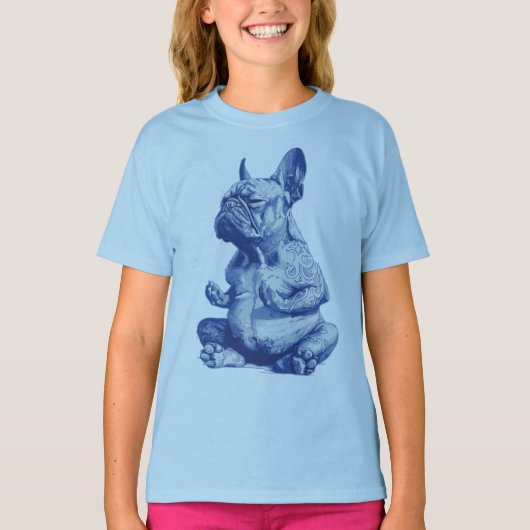 ゼン・ブルドッグ瞑想ポーズアート Tシャツ (正面)