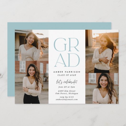 ソアリングモダングラード |ほこりっぽい青い写真卒業 招待状 (正面/裏面)
