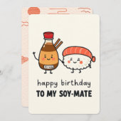 ソイ・メイトの誕生日カード - かわいい寿司としょうゆ 招待状 (正面/裏面)