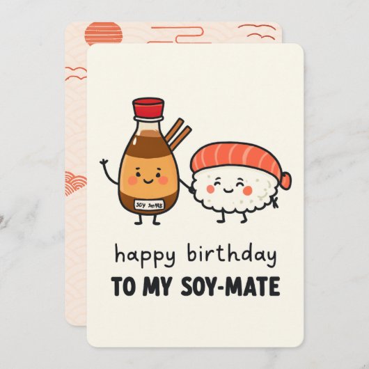 ソイ・メイトの誕生日カード - かわいい寿司としょうゆ 招待状 (正面/裏面)