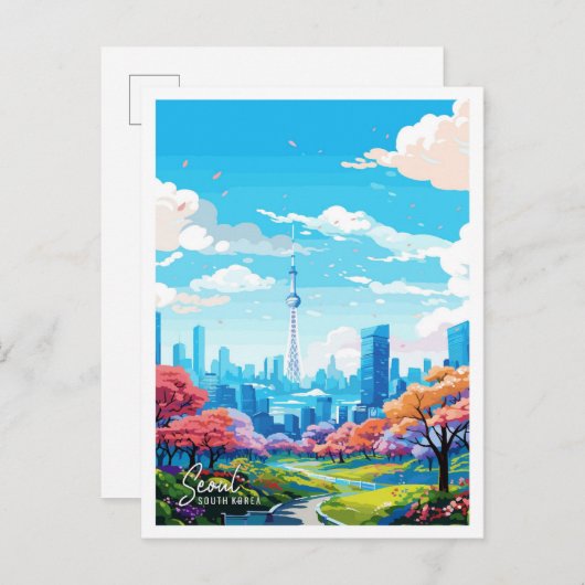 ソウルサウスコリアヴィンテージ旅行イラストレーション ポストカード (正面/裏面)
