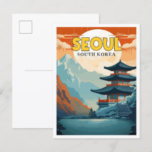 ソウルサウスコリアヴィンテージ旅行イラストレーション ポストカード