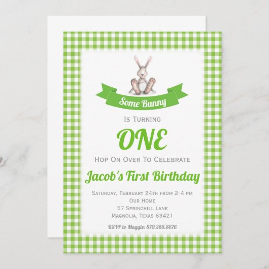 ソウルバニーグリーンギンガム誕生日招待状 招待状 (正面/裏面)