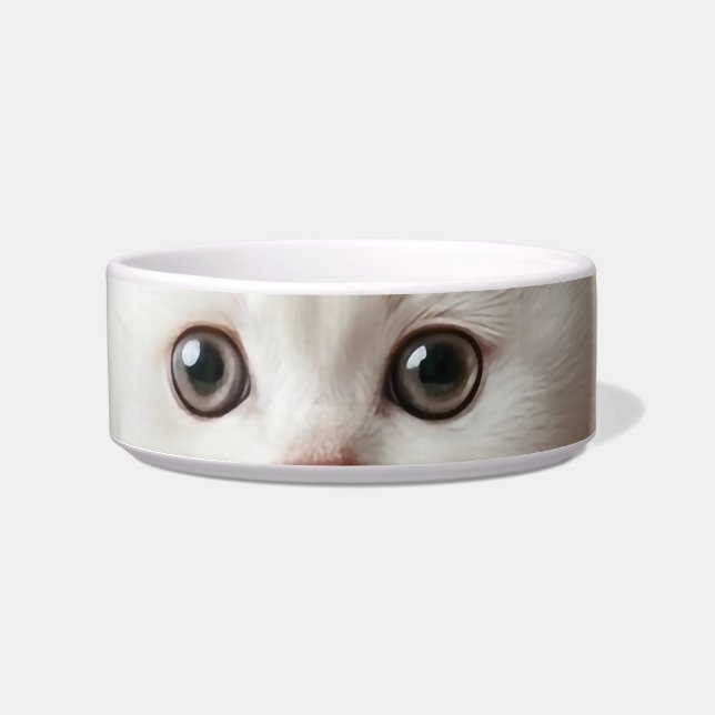 ソウルフルな視線: ミニマリストの白い子猫の陶器 ボウル (正面)