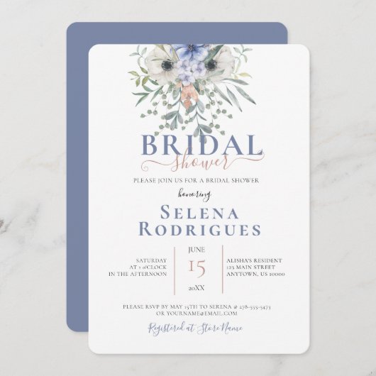 ソウルブルーブーケイラストレーションブライダルシャワー 招待状 (正面/裏面)