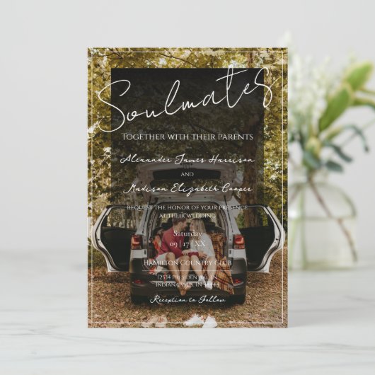 ソウルメイト写真結婚式招待状 | 黒のオーバーレイ 招待状 (スタンド正面)