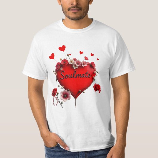 ソウルメイト、赤いハートと花のTシャツ Tシャツ (正面)