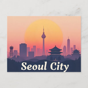 ソウル市 モダンなスカイライン レトロアート 韓国 ポストカード