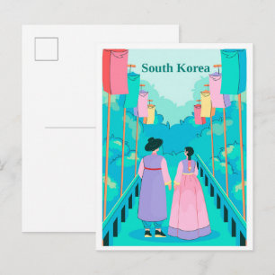 ソウル韓国カップルの旅行イラスト ポストカード