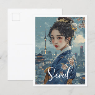 ソウル韓国ヴィンテージアートトラベルイラストレーション ポストカード