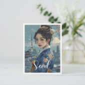ソウル韓国ヴィンテージアートトラベルイラストレーション ポストカード (スタンド正面)