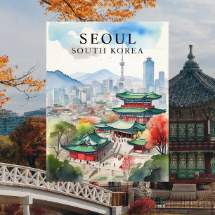 ソウル, 韓国 水彩画 旅行アート ポストカード