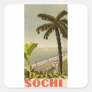ソチのマリンステーションを描いたヴィンテージ風の美しい旅行アート スクエアシール