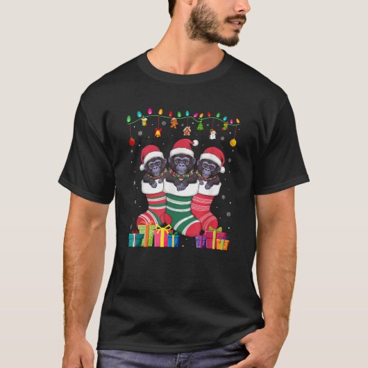 ソックスに入った3頭のゴリラ 面白い男の子 女の子 子供 クリスマス Tシャツ (正面)