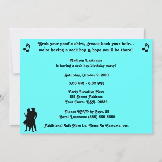 ソックスのホツプの五十年代のダンスのテーマのパーティの招待状 招待状 (裏面)