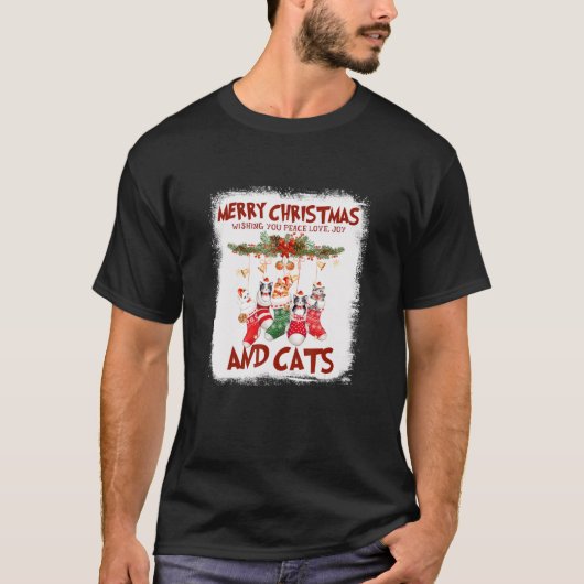 ソックスクリスマス猫の平和愛の喜びと猫 Tシャツ (正面)