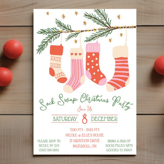ソックスワップクリスマスパーティー,ホリデーパーティー 招待状