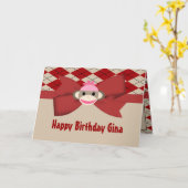 ソックス猿の女の子のギンガムの誕生会 カード (黄色い花)