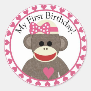 ソックス猿の女の子の誕生日のステッカー ラウンドシール