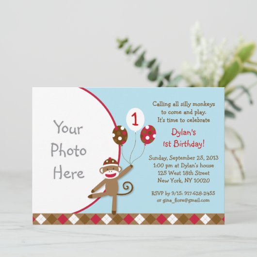 ソックス猿の気球の写真の誕生日の招待状 招待状 (スタンド正面)