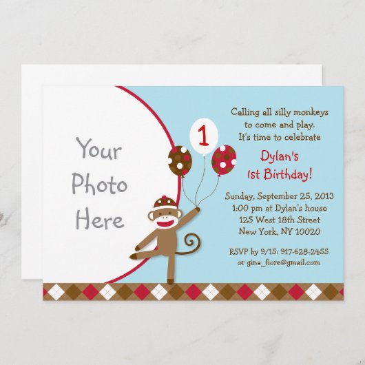 ソックス猿の気球の写真の誕生日の招待状 招待状 (正面/裏面)