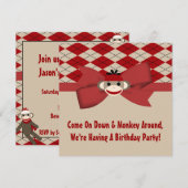 ソックス猿の男の子のギンガムの誕生会 招待状 (正面/裏面)