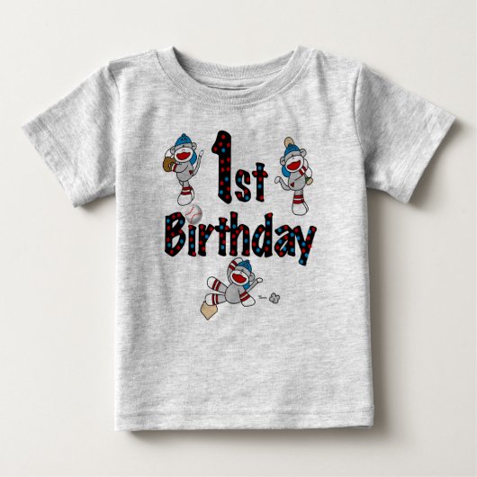 ソックス猿の野球の第1誕生日 ベビーTシャツ (正面)