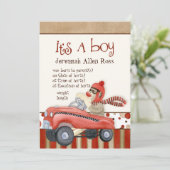 ソックモンキーのペダルカー、男の子 赤ちゃん 誕生発表 招待状 (スタンド正面)